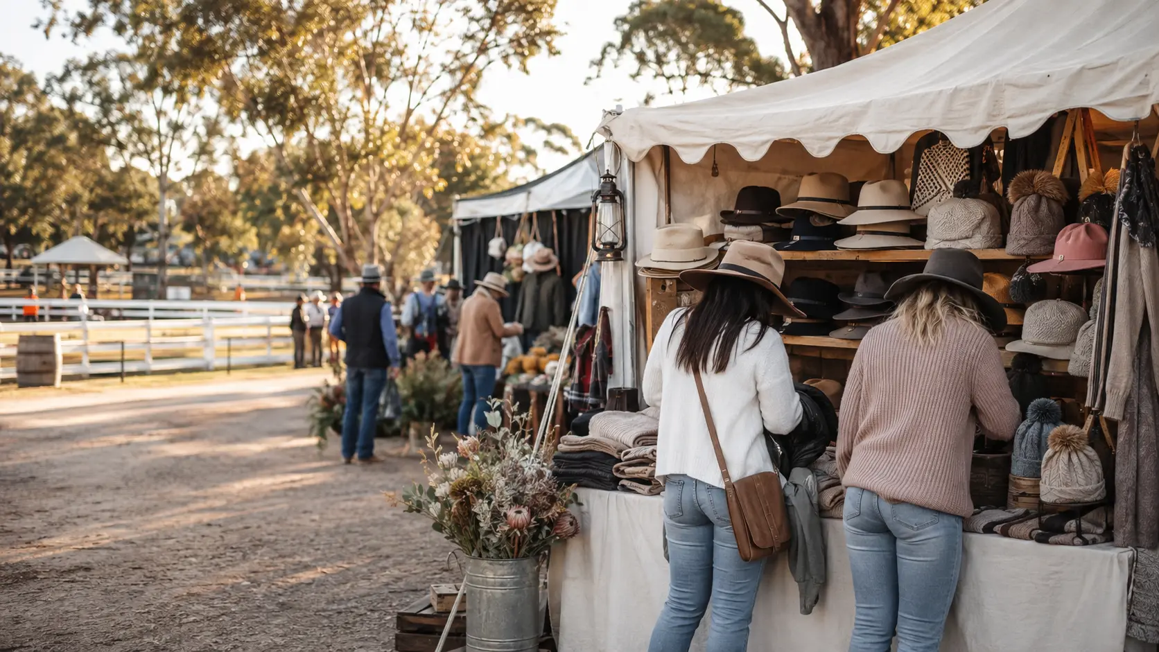 Shoppers browsing hats and clothing at a marquee pop up shop at an Australian regional show