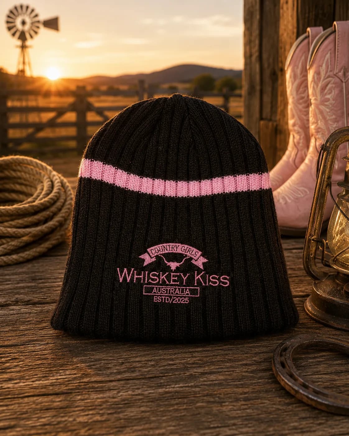 The brown Country Girls beanie with its pink stripe, on a timber table at sunset