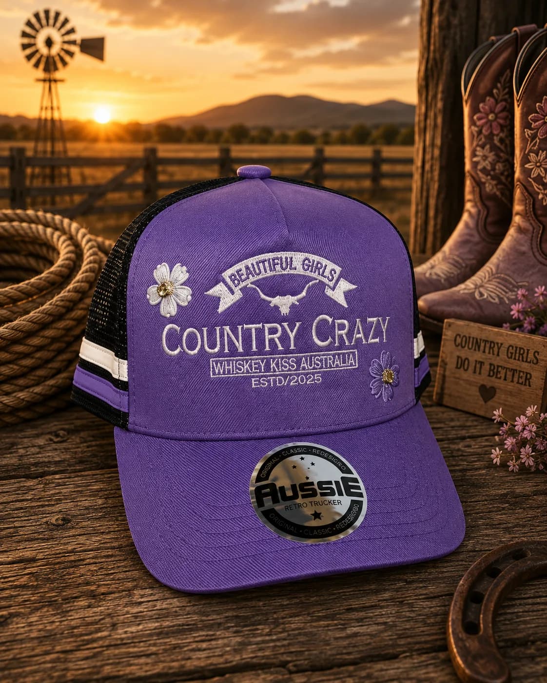 The purple Country Crazy trucker cap on a timber table at sunset, with boots behind it
