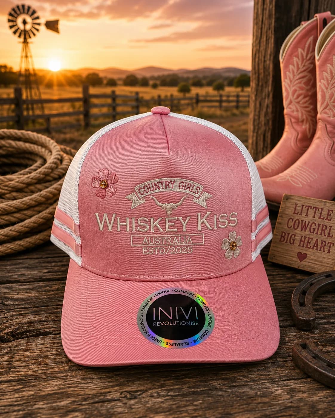 The pink Country Girls trucker cap on a timber table at sunset, with boots and rope behind it