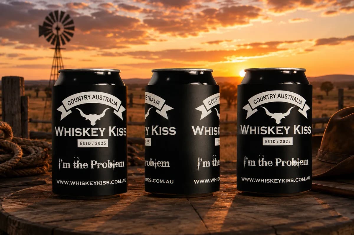 Three black Whiskey Kiss stubby coolers on a timber table at sunset