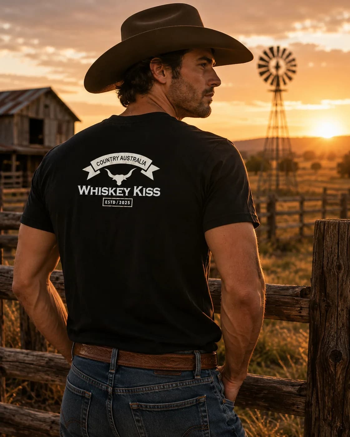The back of the black Whiskey Kiss tee, showing the full width Country Australia print