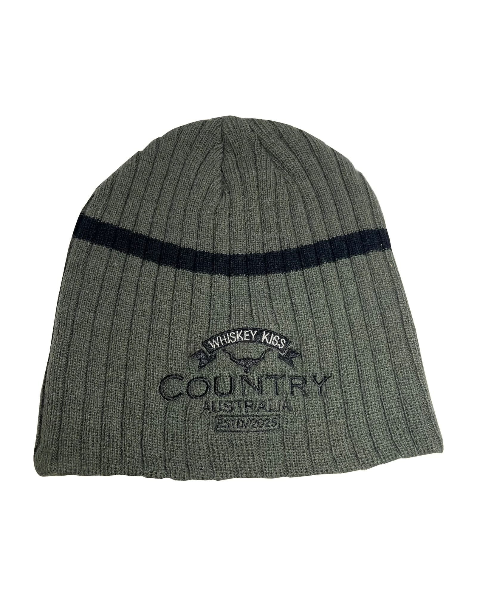 Ribbed beanie in grey with a black stripe and white embroidery