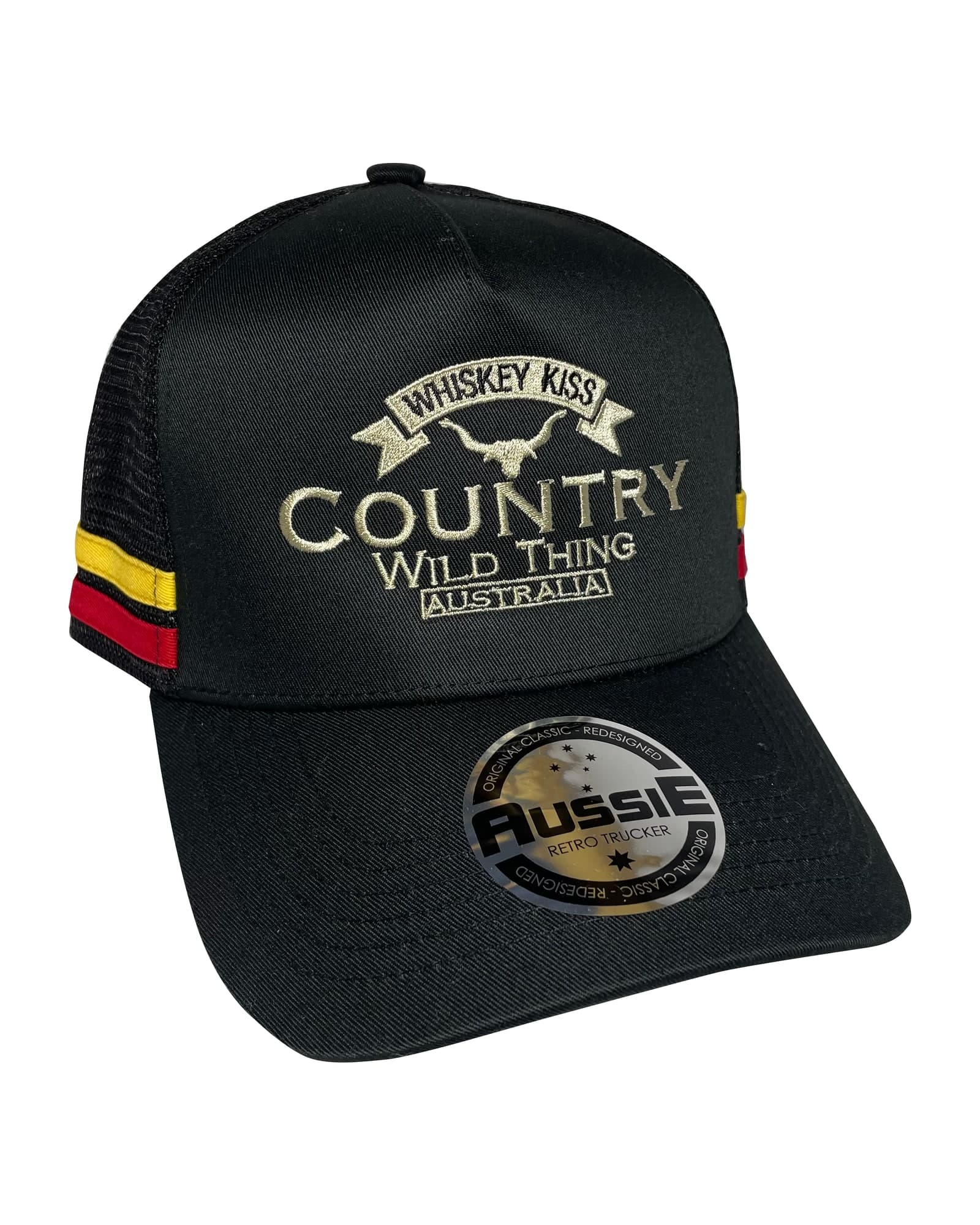 Country Wild Thing trucker cap in black with red and yellow side stripes and gold embroidery
