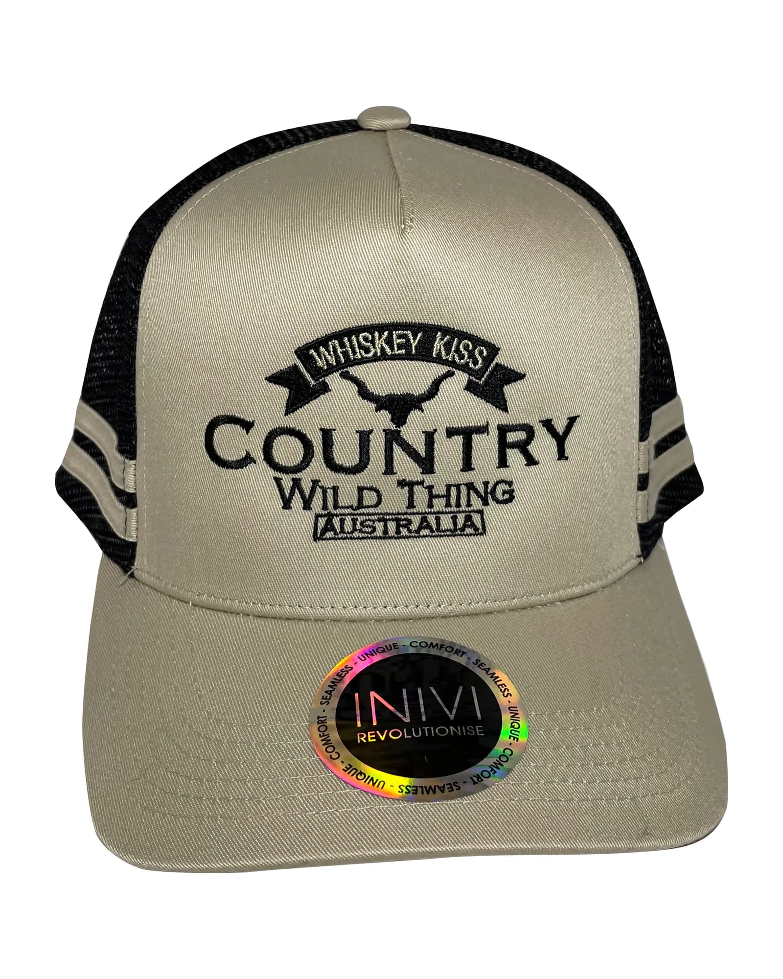 Country Wild Thing trucker cap in beige with black mesh and black embroidery